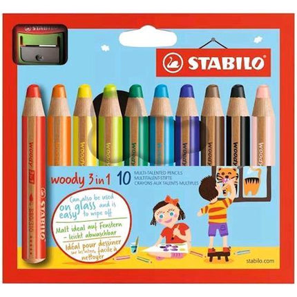 STABILO WOODY PASTELLI 3 IN 1 MATITA/CERA/ACQUERELLO 10 mm COLORI ASSORTITI + TEMPERINO CONF. 10 Pz.