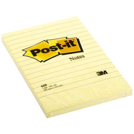 3M POST-IT LARGE NOTE 660 BLOCCHETTI 100 FOGLI POST-IT A RIGHE 102MMx152MM COLORE GIALLO CONF. 6 Pz.