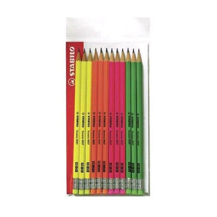 STABILO SWANO FLUO MATITE DI GRAFITE HB FUSTO FLUORESCENTE IN 4 COLORI (GIALLO,VERDE,ROSA,ARANCIO) CON GOMMINO CONF 12 Pz.