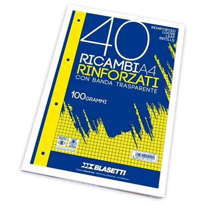 BLASETTI RICAMBI RINFORZATI A4 100 GR RIGHE 0A BIANCO 40 FOGLI CONF 1 Pz.