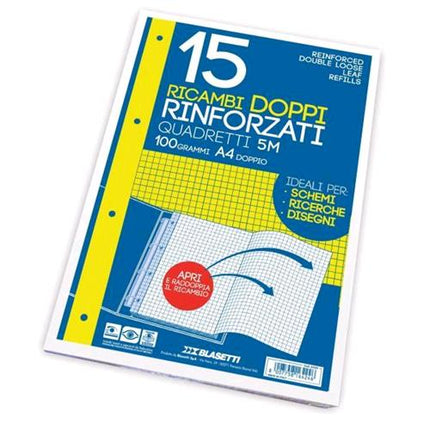 BLASETTI RICAMBI DOPPI RINFORZATI A4 100 GR QUADRETTI 5M BIANCO 15 FOGLI CONF 1 Pz.