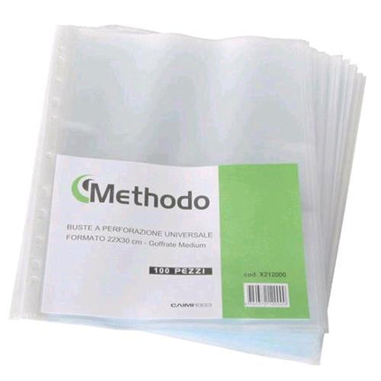METODO BUSTE CON FORATURA UNIVERSALE GOFFRATE IN PP CM 22X30 A4 SOFT TRASPARENTE CONF 100 Pz.