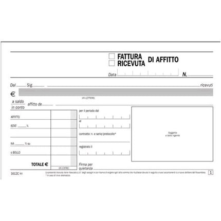 DATA UFFICIO RICEVUTE-FATTURE AFFITTO AUTOCOPIANTE 168X100MM 50X2 FOGLI CONF 5 Pz.