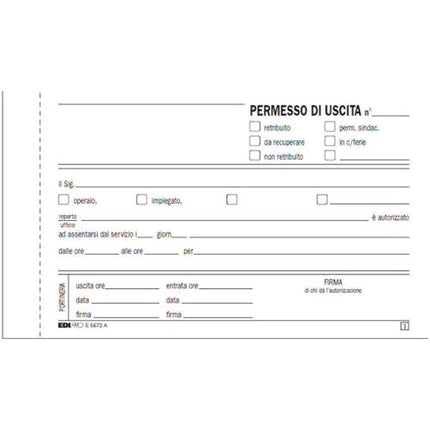 EDIPRO BLOCCO PERMESSO USCITA AUTOCOPIANTE 2 FOGLI 99X170MM 100 FOLGI CONF 10 PZ.