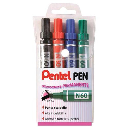 PENTEL N60 MARCATORE PERMANENTE PUNTA A SCALPELLO 3.90/5.50 mm COL. ASSORTITI CONF 4 Pz.