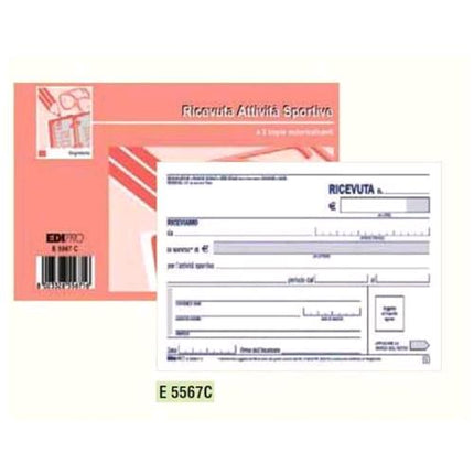 EDIPRO RICEVUTE PAGAMENTO ATTIVITA' SPORTIVE BLOCCO AUTOCOPIANTE 10 FOGLI 99X170 mm 100 FOGLI CONF 10 Pz.