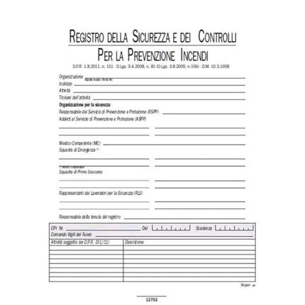 DATA UFFICIO REGISTRO SICUREZZA E CONTROLLI PREVENZIONE INCENDI 240X315 mm 48 FOGLI CONF 5 Pz.