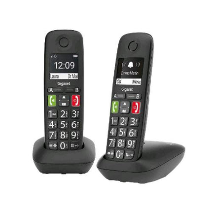 GIGASET E290 DUO TELEFONO CORDLESS SENIOR DUE PORTATILI CON SUONERIE FORTI NUMERI GRANDI E AUDIO POTENZIATO TASTI DI CHIAMATA RAPIDA VIVAVOCE CON VOLUME REGOLABILE NERO