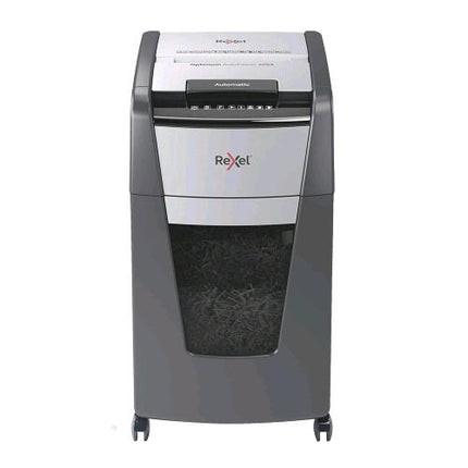 REXEL DISTRUGGIDOCUMENTI AUTOMATICO A FRAMMENTO 225 FOGLI CAPACITA' 60 LITRI CESTINO REMOVIBILE CON ROTELLE GRIGIO
