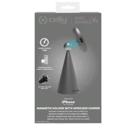 CELLY MAGSAFE SUPPORTO MAGNETICO CON RICARICA WIRELESS 15W SCOMPONIBILE IN 3 DIFFERENTI SUPPORTI UN SUPPORTO DA SCRIVANIA UN SUPPORTO DA AUTO PER BOCCHETTA D'AERAZIONE E UN SUPPORTO UNIVERSALE PER TUTTE LE SUPERFICI METALLICHE GREY