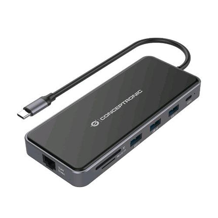 CONCEPTRONIC DONN015G DOCKING STATION 12-IN-1 DA USB-C 3.2 A 2xUSB-A 3.2 2xUSB-C 3.2 100W 1xUSB-A 2.0 2xHDMI 1xVGA 1xLAN RJ-45 1000MBIT/S 1xAUX/OUT LETTORE MICRO SD/SD NERO