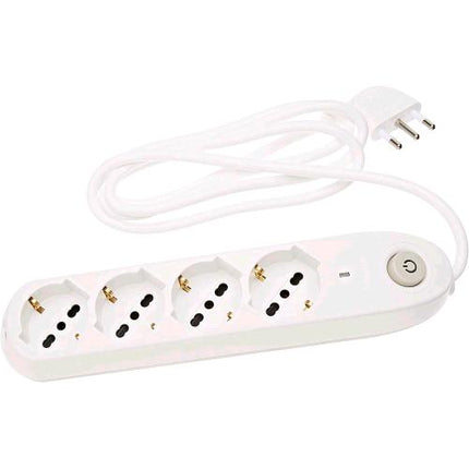 BTICINO CIABATTA ELETTRICA MULTIPRESA POKER CON 4 PRESE UNIVERSALI SCHUKO BIPASSO STANDARD TEDESCO INTERRUTTORE ON/OFF E PROTEZIONE SALVAFULMINE CAVO DA 1.5 MT CON SPINA SALVASPAZIO 3.500 W BIANCA