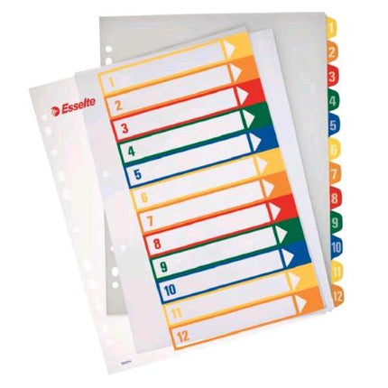 ESSELTE INTERCALARE RUBRICA EXTRA NUMERICA 1-12 IN PP 305X245 mm 12 TASTI COLORI ASSORTITI CONF 10 Pz.