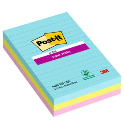 3M POST-IT SUPER STICKY COSMIC BLOCCHETTO 101X152 mm 90 FOGLI A RIGHE COLORI ASSORTITI CONF 3 Pz.