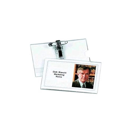 LEBEZ PORTABADGE SEMIRIGIDO 50X90 mm IN PLASTICA CON SPILLA E CLIP TRASPARENTE CONF 50 Pz.