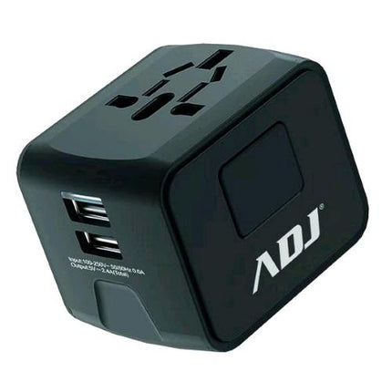 ADJ ADATTATORE UNIVERSALE DA VIAGGIO PER US/EU/AUS/UK 2.000 W + 2 PORTE USB-A 5V 2.4 A NERO