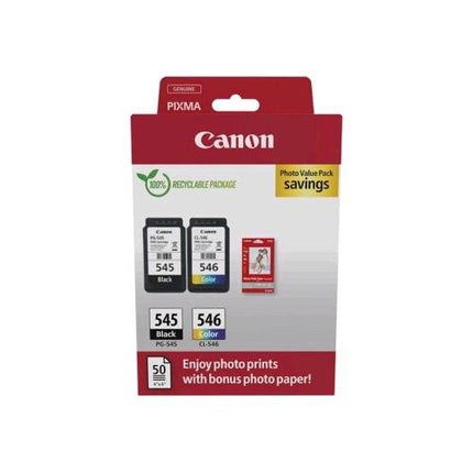 CANON PG-545 / CL-546 VALUE PACK 2 CONFEZIONI DA 8 ML NERO + COLORE (ciano, magenta, giallo) + 50 FOGLI DI CARTA LUCIDA PER PIXMA iP2850, MG2450, MG2550, TR4550, TR4551