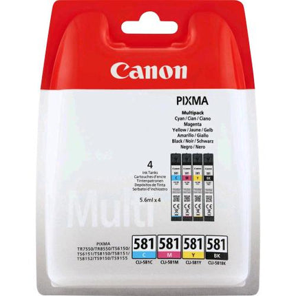 CANON CLI-581 BK/C/M/Y MULTI PACK CONFEZIONE DA 4 INK 5.6 ML NERO GIALLO CIANO MAGENTA PER PIXMA TS6251, TS6350, TS6351, TS705, TS8251 BLISTER CON ALLARME