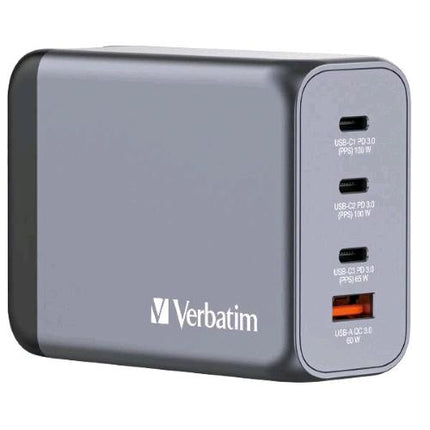 VERBATIM GaN CHARGER CARICABATTERIE DA RETE MULTINAZIONE 4 PORTE 200 W 3 x USB-C 1 x USB-A SPINA RIPIEGABILE PER EU USA e UK GRIGIO