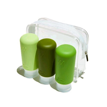 MUITOMAS SET DI 3 FLANCONCINI DA VIAGGIO IN SILICONE DA 98 ML IN BUSTA IMPERMEABILE TRASPARENTE CON CERNIERA VERDE SALVIA