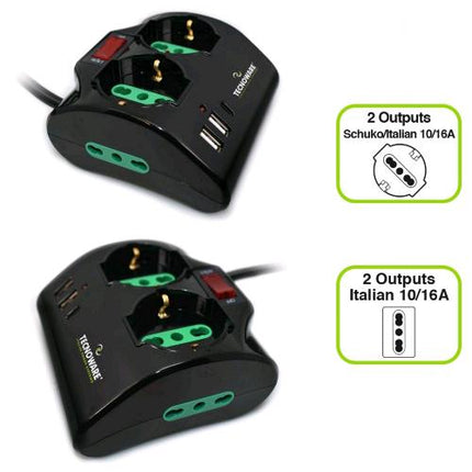 TECNOWARE FMP4IIGUSB MULTIPRESA 4 POSTI 10A 2 x SCHUKO/ITA-BIPASSO + 2 x ITA 10/16A + 2 x USB + 1 x USB-C PD QC3.0 CON INERRUTTORE NERO