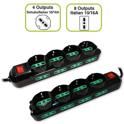 TECNOWARE FMP12IIG MULTIPRESA 12 POSTI - 4 PRESE SCHUKO/ITA + 8 PRESE BIPASSO ITA 10/16A SPINA ITALIANA INTERRUTTORE ON/OFF NERO