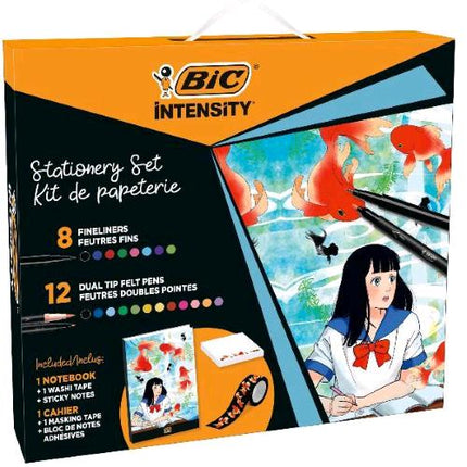 BIC INTENSITY MANGA SET DI CANCELLERIA CON PENNE PENNARELLI FOGLIETTI ADESIVI WASHI TAPE E TACCUINO COLORI ASSORTITI