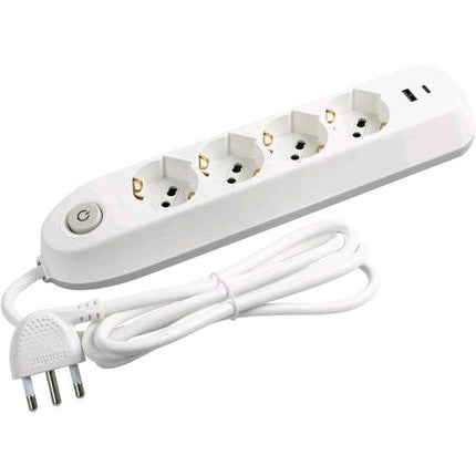 BTICINO CIABATTA MULTIPRESA ELETTRICA 4 SCHUKO/BIPASSO 10/16A + 2 USB-A-C CON INTERRUTTORE CAVO 1.5 MT SPINA ITALIANA ANGOLATA BIANCO