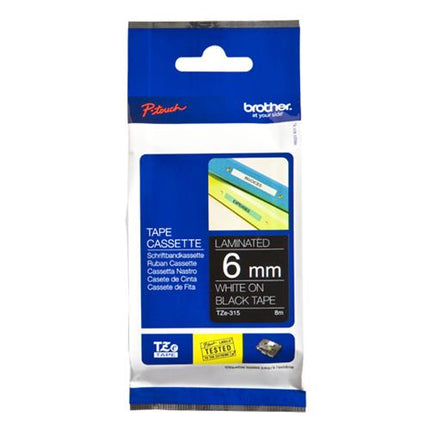 BROTHER NASTRO PER ETICHETTATRICE TZE315 DA 6 MM SERIE TZE SCRITTA BIANCA SU FONDO NERO LUNGHEZZA 8 METRI