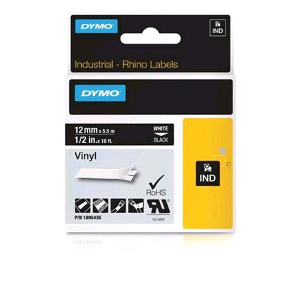DYMO D1 RHINOPRO NASTRO IN VINILE PER STAMPANTI A TRASFERIMENTO TERMICO 12MM X 5.5MT COLORE NERO STAMPA BIANCO (1805435)