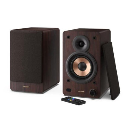 SHARP CP-SS30(BR) ALTOPARLANTI ATTIVI A 2 VIE CASSA IN LEGNO 60 W RMS (2 x 30 W) BLUETOOTH V 5.0 USB OTTICO AUSILIARIO E RCA REGOLAZIONE BASSI E ALTI GRIGLIE RIMOVIBILI TELECOMANDO MARRONE